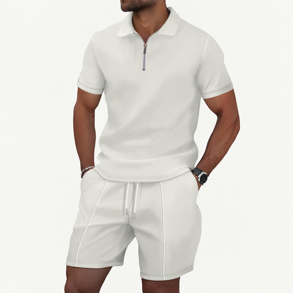 summer waffle solid color zipper lapel short-sleeved set with shorts