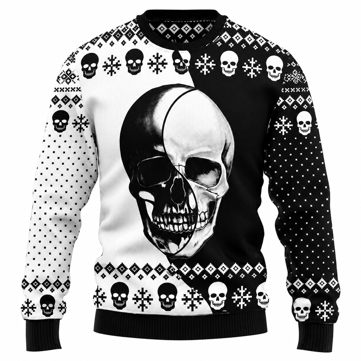 Camisola de Natal unissexo - camisola com motivo de árvore de Natal feita de caveiras, gorro de Pai Natal e flocos de neve