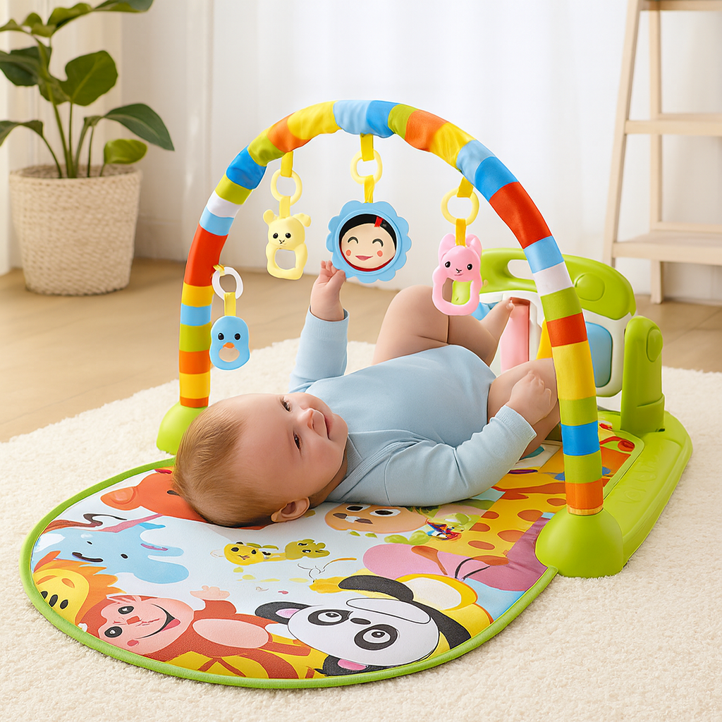 Baby på farverigt aktivitetslegetæppe med hængende legetøj, herunder dyr og figurer, i lyst rum. Perfekt til babyudvikling og leg.