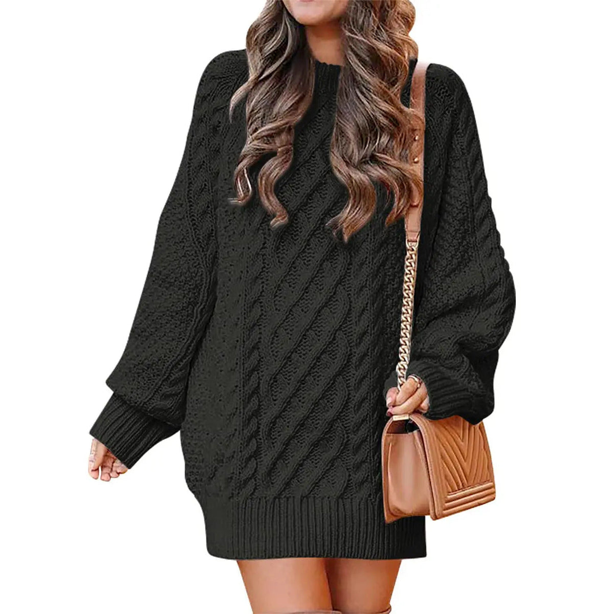 Knitted cable-pattern dress for women - oversized knit mini dress with long sleeves