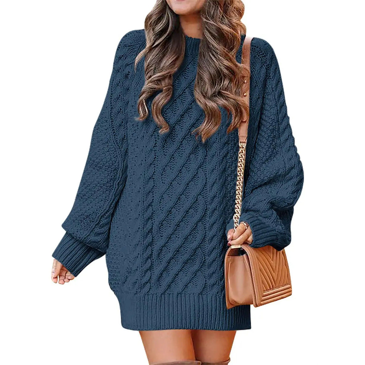 Knitted cable-pattern dress for women - oversized knit mini dress with long sleeves