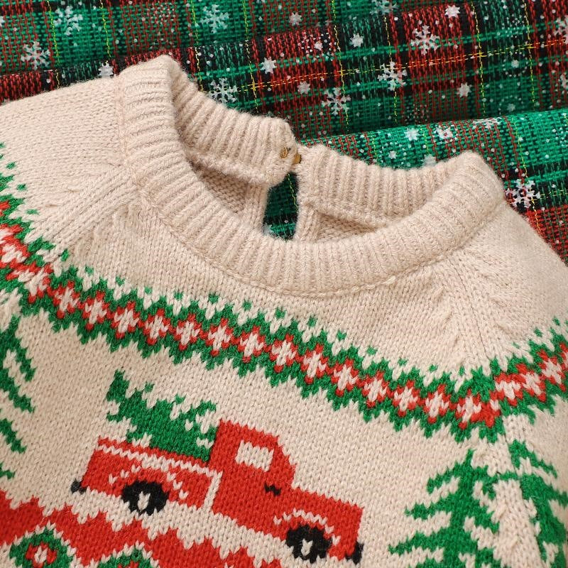 Weihnachtspullover für Jungen – Strickpullover in Khaki mit Rentier und Weihnachtsbaum