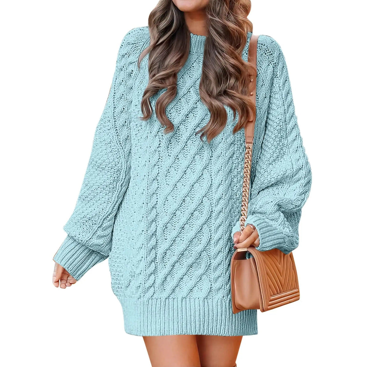 Knitted cable-pattern dress for women - oversized knit mini dress with long sleeves