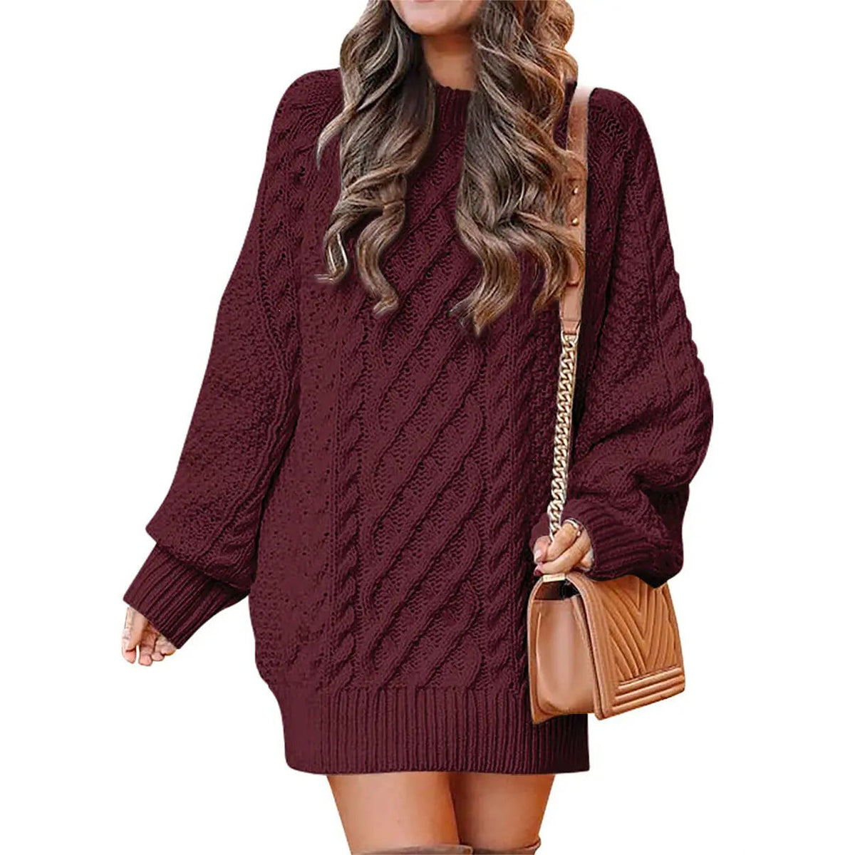 Knitted cable-pattern dress for women - oversized knit mini dress with long sleeves