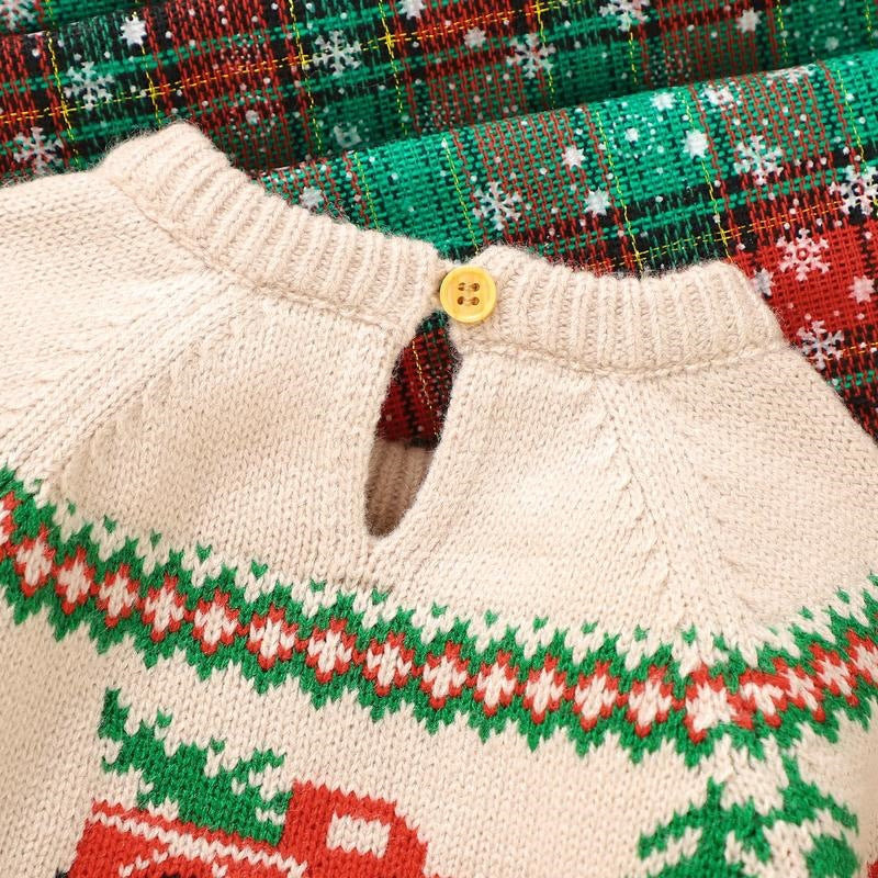 Weihnachtspullover für Jungen – Strickpullover in Khaki mit Rentier und Weihnachtsbaum