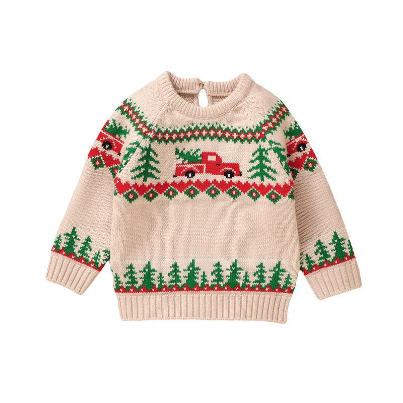 Weihnachtspullover für Jungen – Strickpullover in Khaki mit Rentier und Weihnachtsbaum