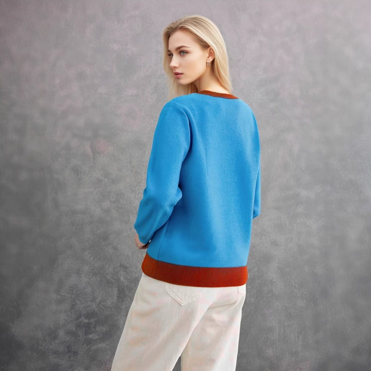 Maglione natalizio divertente – Maglione lavorato a maglia color blu pavone con albero di Natale dei cartoni animati