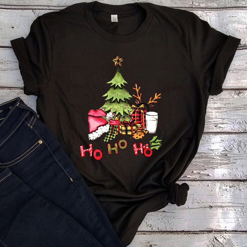 Damski T-shirt z choinką – świąteczny T-shirt z krótkim rękawem i motywem „Ho Ho Ho”
