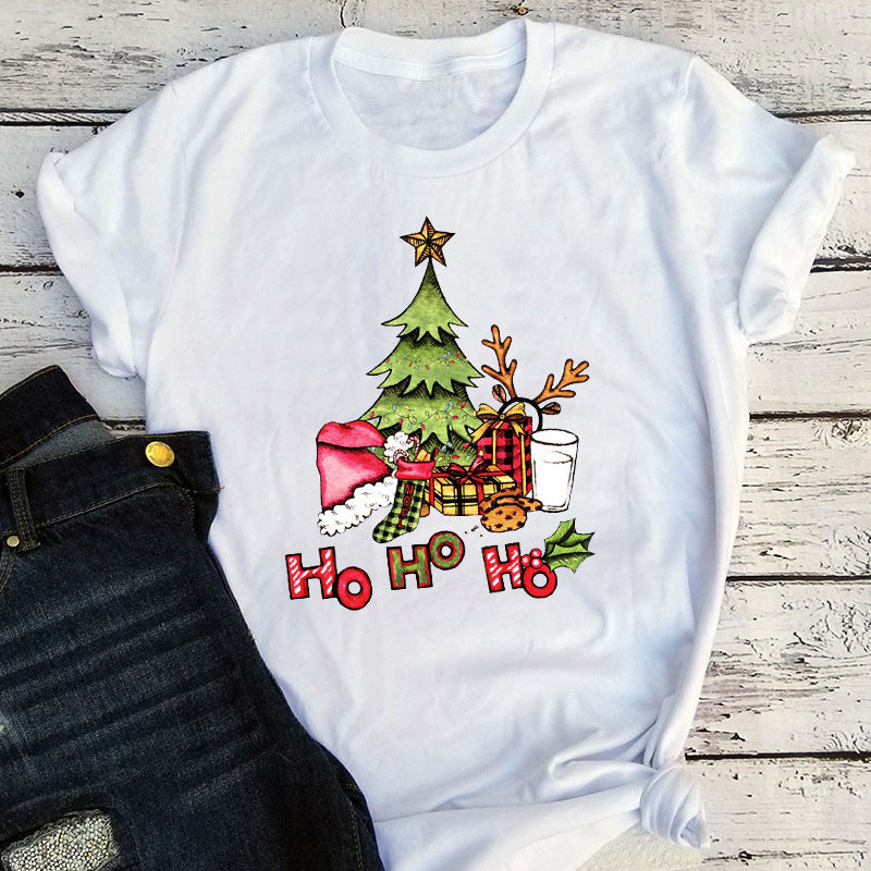 Damski T-shirt z choinką – świąteczny T-shirt z krótkim rękawem i motywem „Ho Ho Ho”