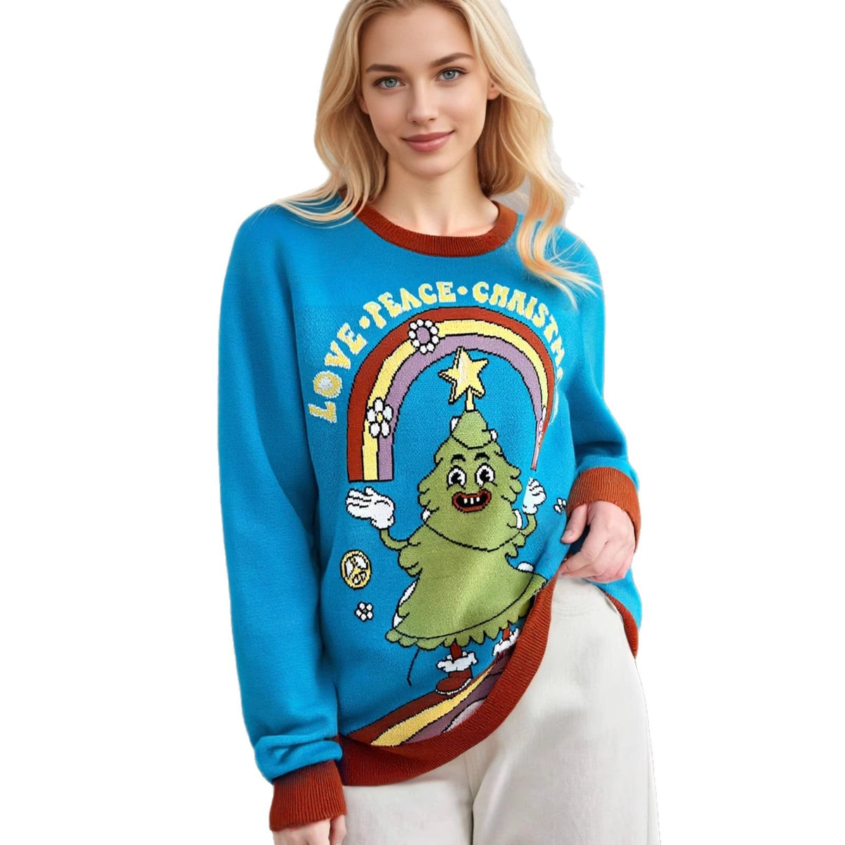 Maglione natalizio divertente – Maglione lavorato a maglia color blu pavone con albero di Natale dei cartoni animati