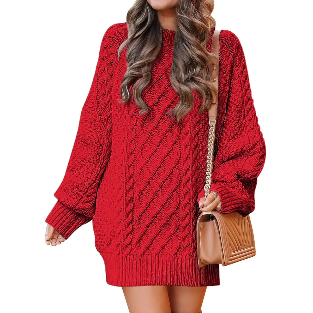 Knitted cable-pattern dress for women - oversized knit mini dress with long sleeves