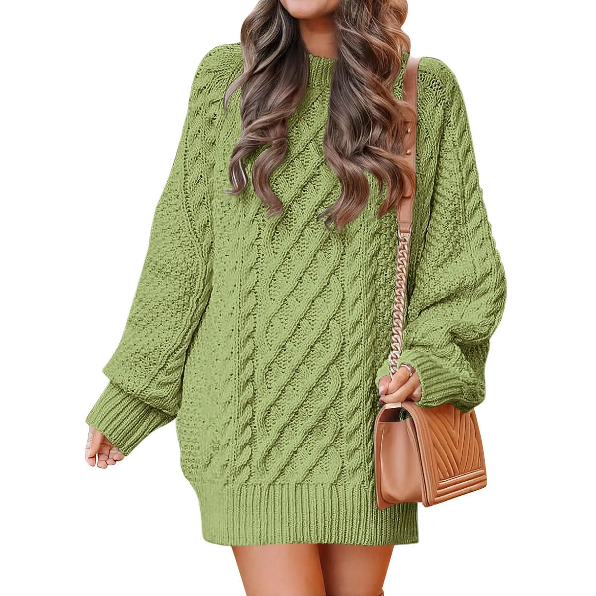 Knitted cable-pattern dress for women - oversized knit mini dress with long sleeves