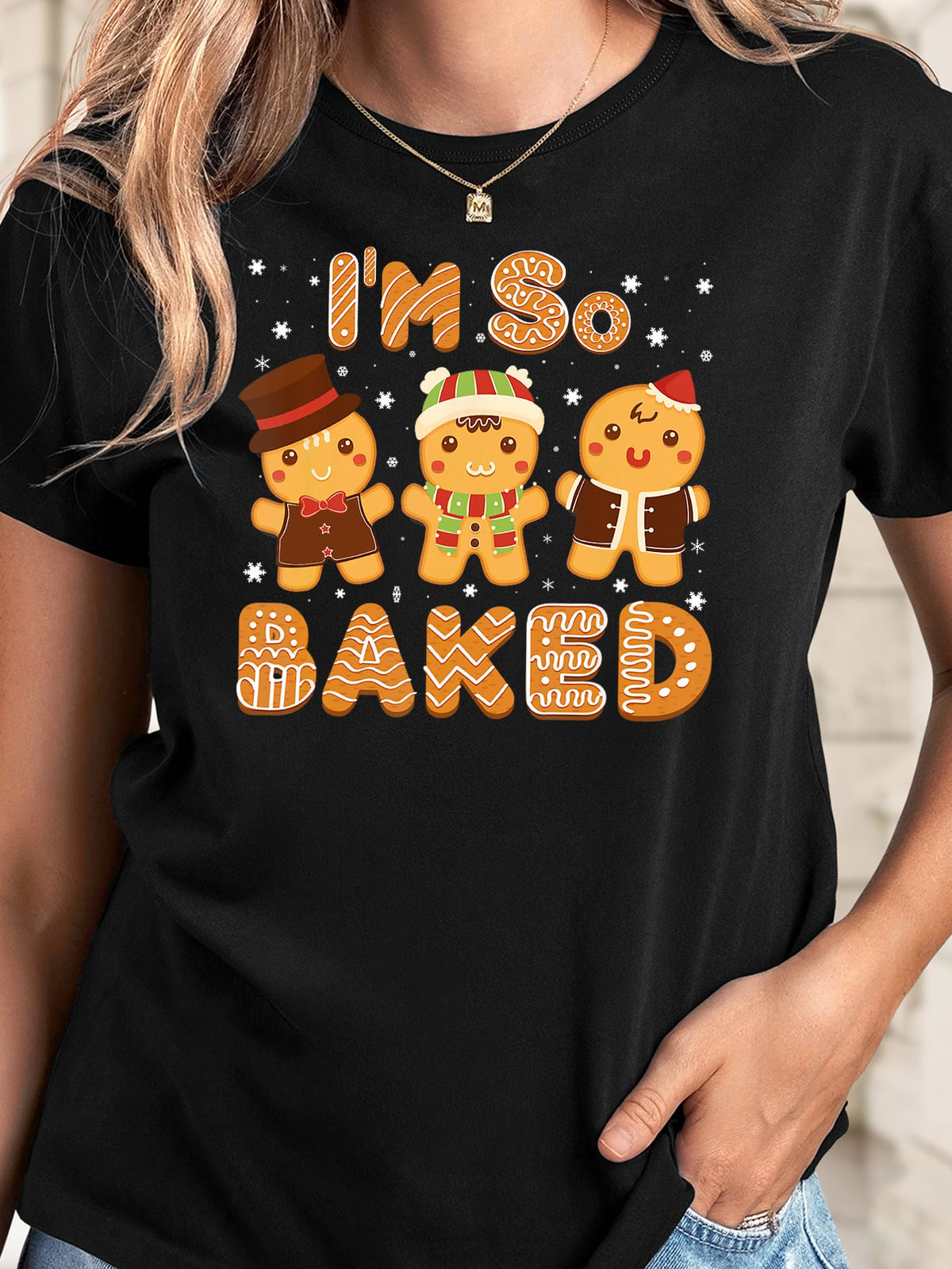 T-shirt de Natal para mulher – T-shirt divertida com um boneco de gengibre e o texto ”I'm So Baked”