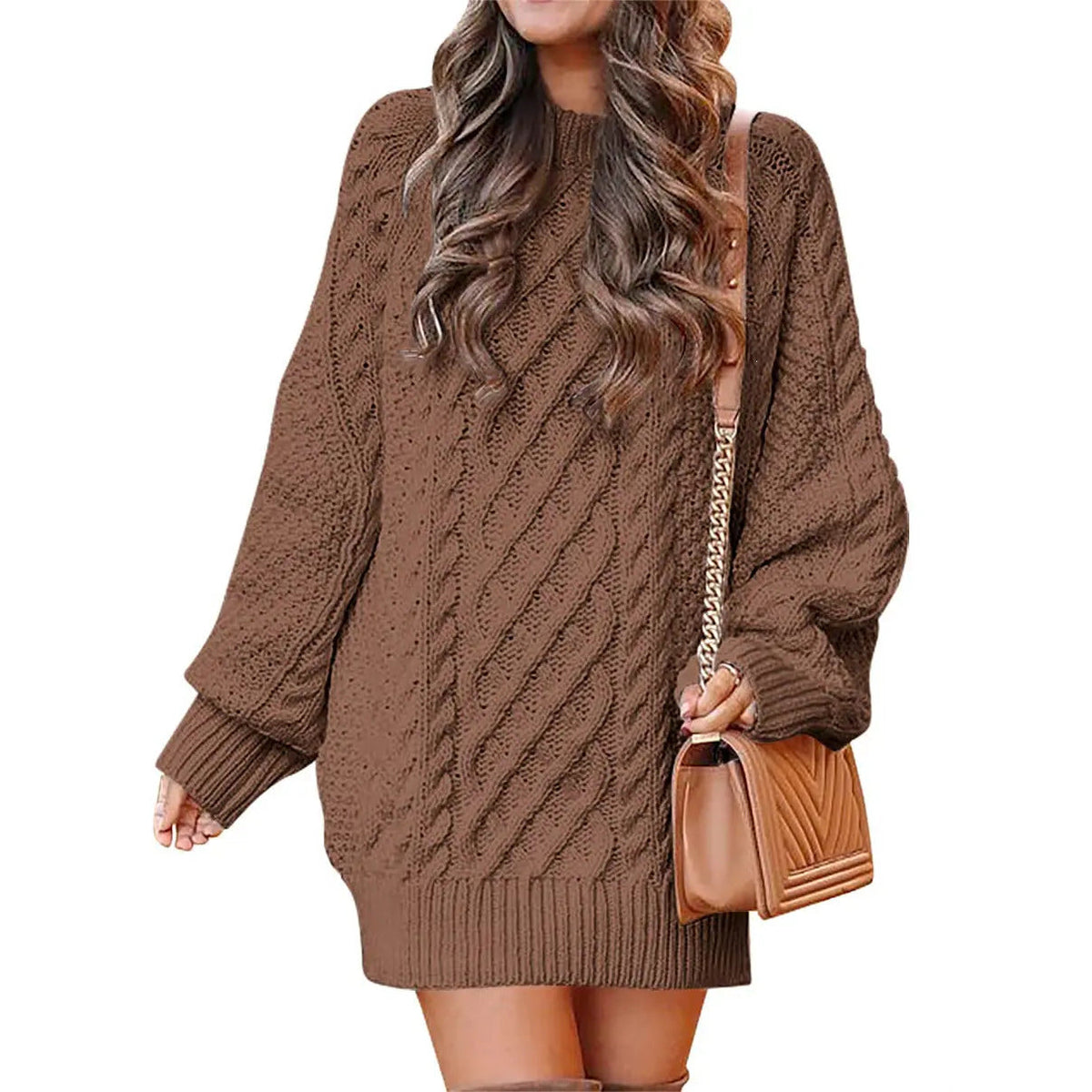 Knitted cable-pattern dress for women - oversized knit mini dress with long sleeves