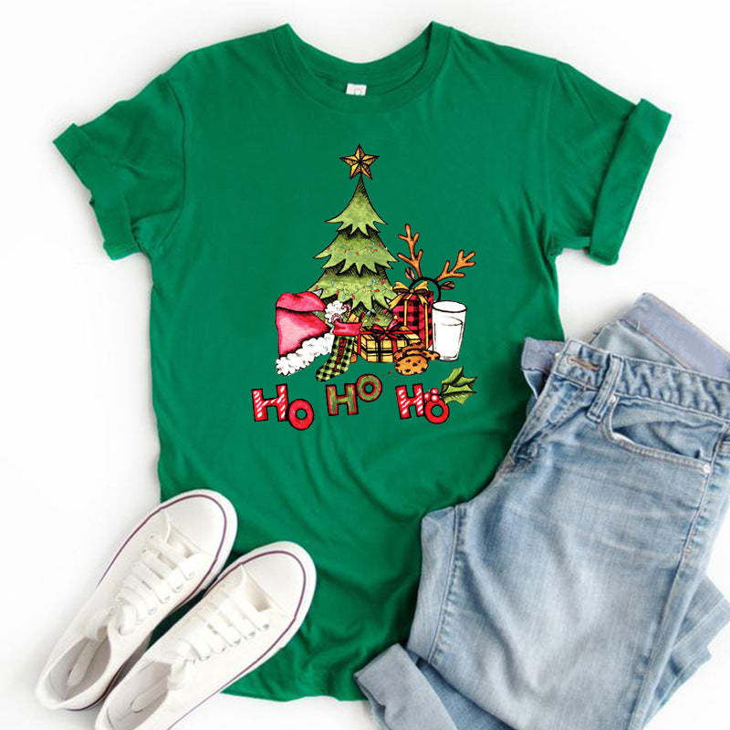 Damski T-shirt z choinką – świąteczny T-shirt z krótkim rękawem i motywem „Ho Ho Ho”