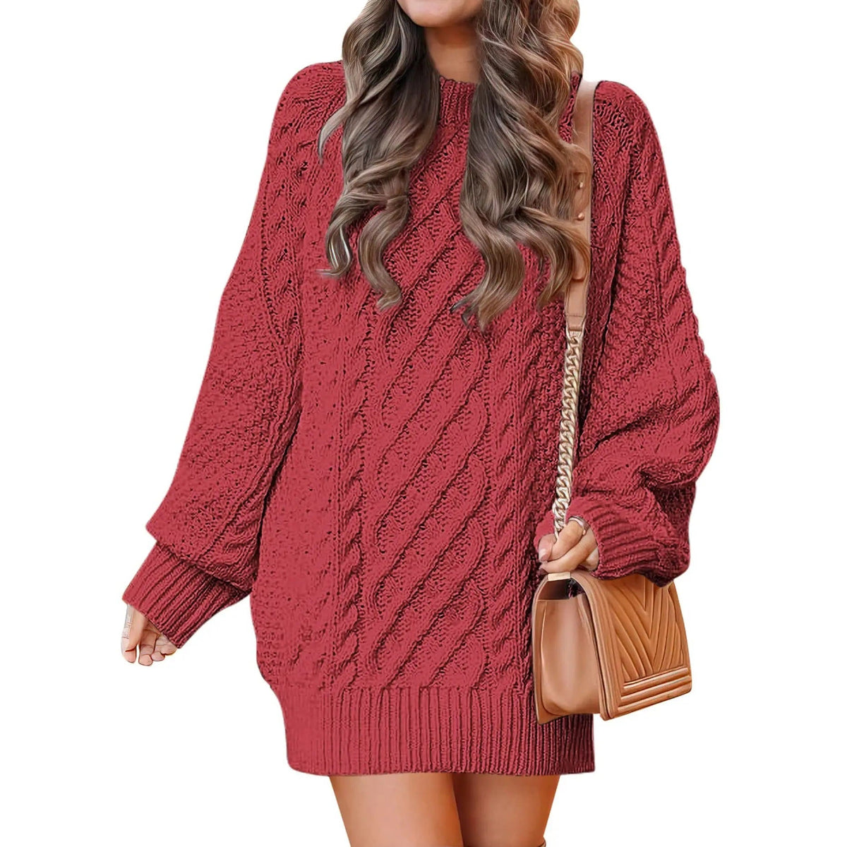 Knitted cable-pattern dress for women - oversized knit mini dress with long sleeves