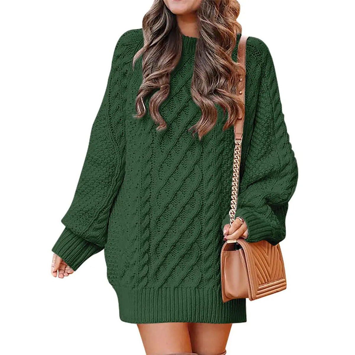 Knitted cable-pattern dress for women - oversized knit mini dress with long sleeves