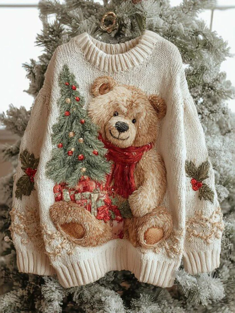Knitted Christmas sweater for women with a festive bear motif | Warm Christmas sweater | Festive winter knitwear in plus sizes