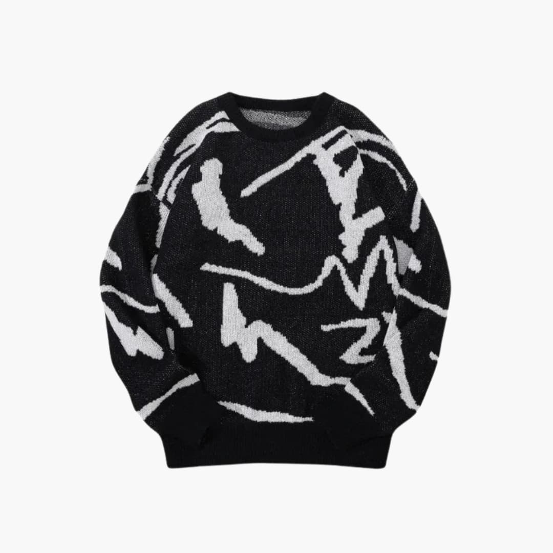 Sort striktrøje med abstrakt hvidt mønster, unisex design, moderne streetwear stil, komfortabel og stilfuld til efterår og vinter.