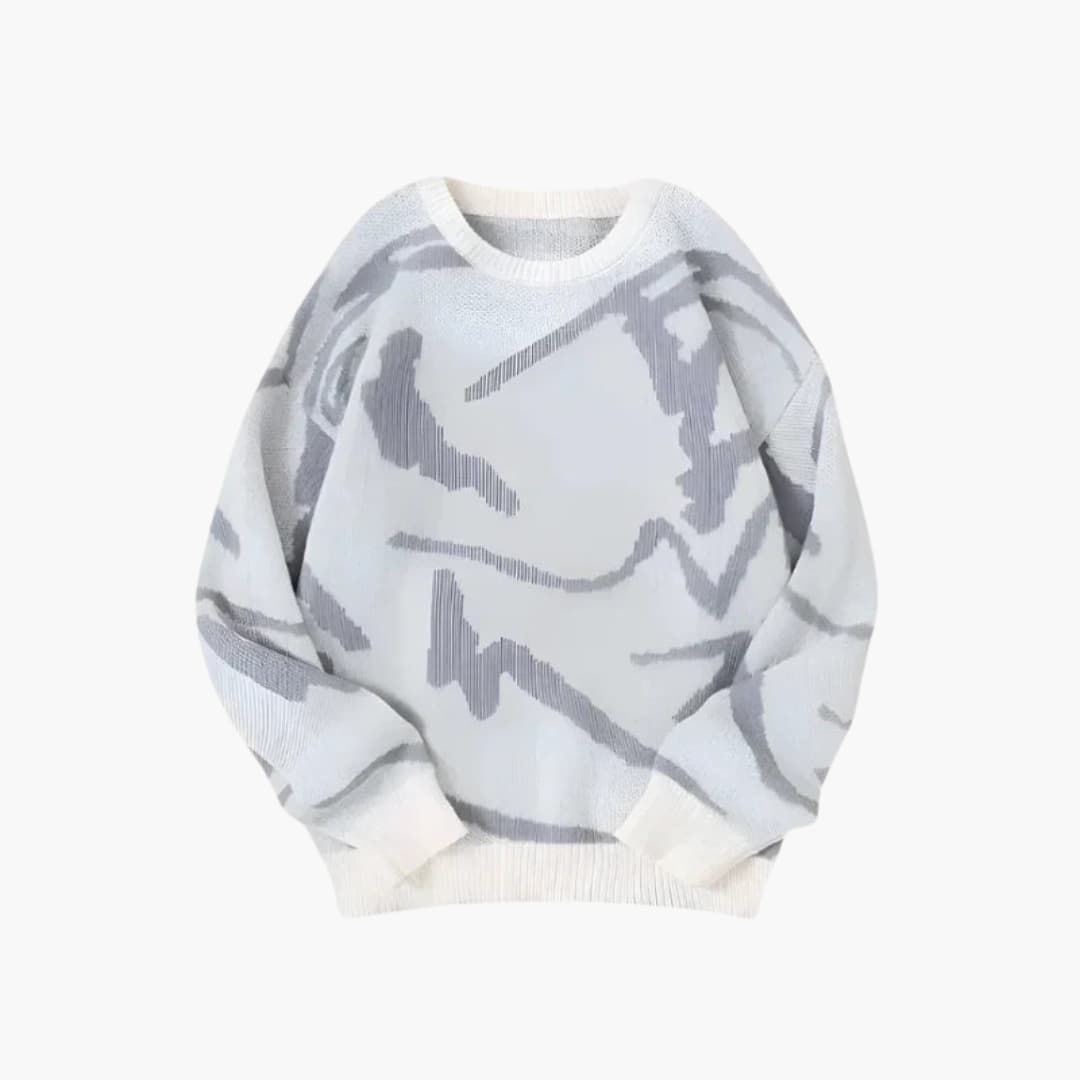 Hvid og grå striktrøje med abstrakt mønster, rund hals og lange ærmer. Moderne design, perfekt til efterår og vintermode. Unisex sweater.