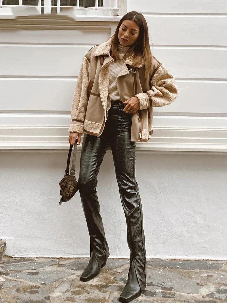 Giacca in pile patchwork da donna - Giacca invernale casual con cerniera