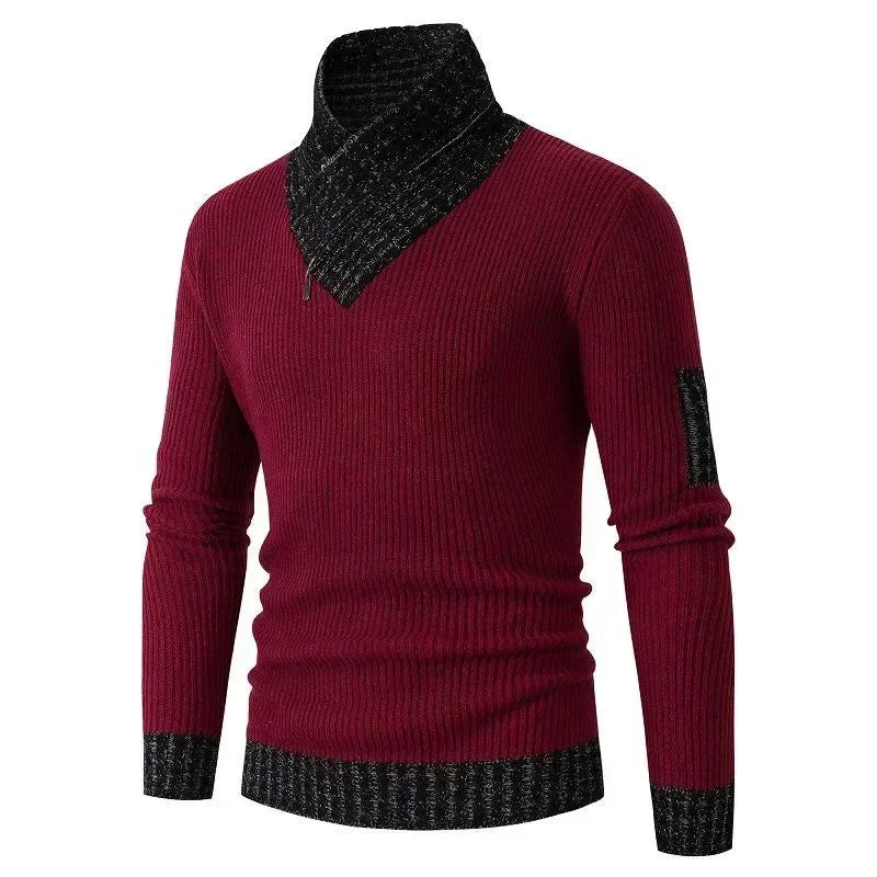 Bordeaux herresweater med høj krave og sorte detaljer, stilfuld striktrøje til vinter, moderne design, varm og komfortabel beklædning.