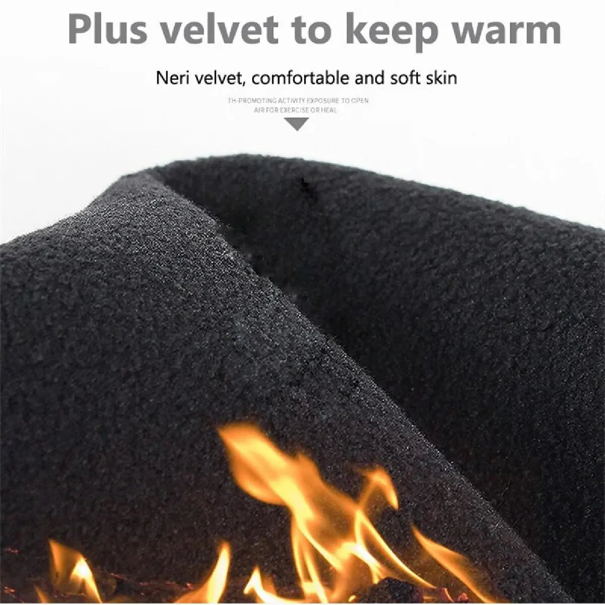 Sort fløjlsstof med flammeeffekt, blødt og varmt. Ideel til vinterbeklædning. Komfortabelt materiale, perfekt til kolde temperaturer.