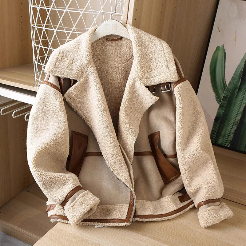 Giacca in pile patchwork da donna - Giacca invernale casual con cerniera