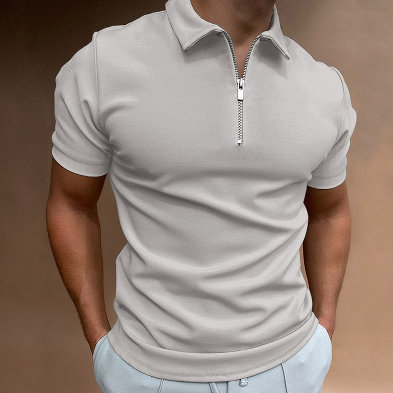 Patterned polo shirt for men with a zip collar