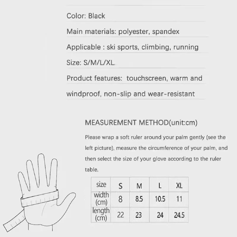 Sort skihandske i polyester og spandex, tilgængelig i størrelser S-XL. Funktioner: touchscreen, varm, vindtæt, skridsikker. Ideel til ski, klatring, løb.