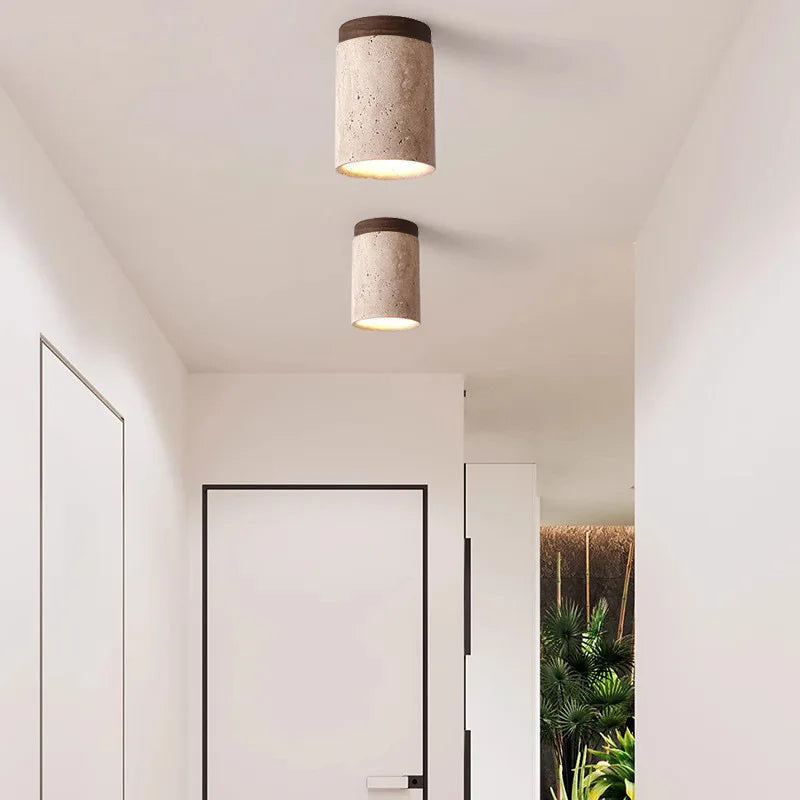 To loftlamper i beton i en moderne gang med hvide vægge og dør. Stilfuld belysning, minimalistisk design, indretning, skandinavisk stil.