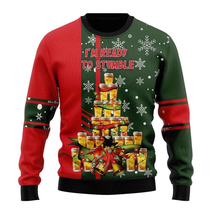 Julesweater med teksten "I'm Ready to Stumble", rød og grøn farve, dekoreret med ølglas og snefnug. Perfekt til julefrokost og festligheder.