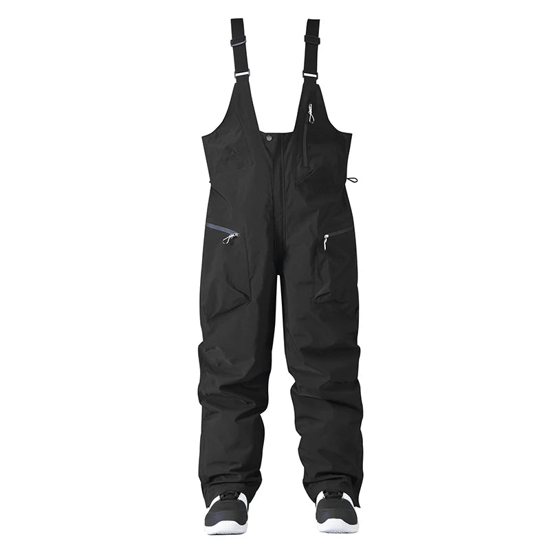 Sort skibukser til mænd med seler, vandtæt og vindtæt design, justerbare stropper, lynlåslommer, ideel til vintersport og udendørs aktiviteter.