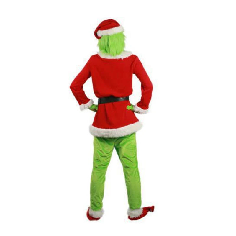 Grøn julemand i rød dragt med nissehue, set bagfra. Perfekt til julekostumer, festudklædning og sjove juleevents.