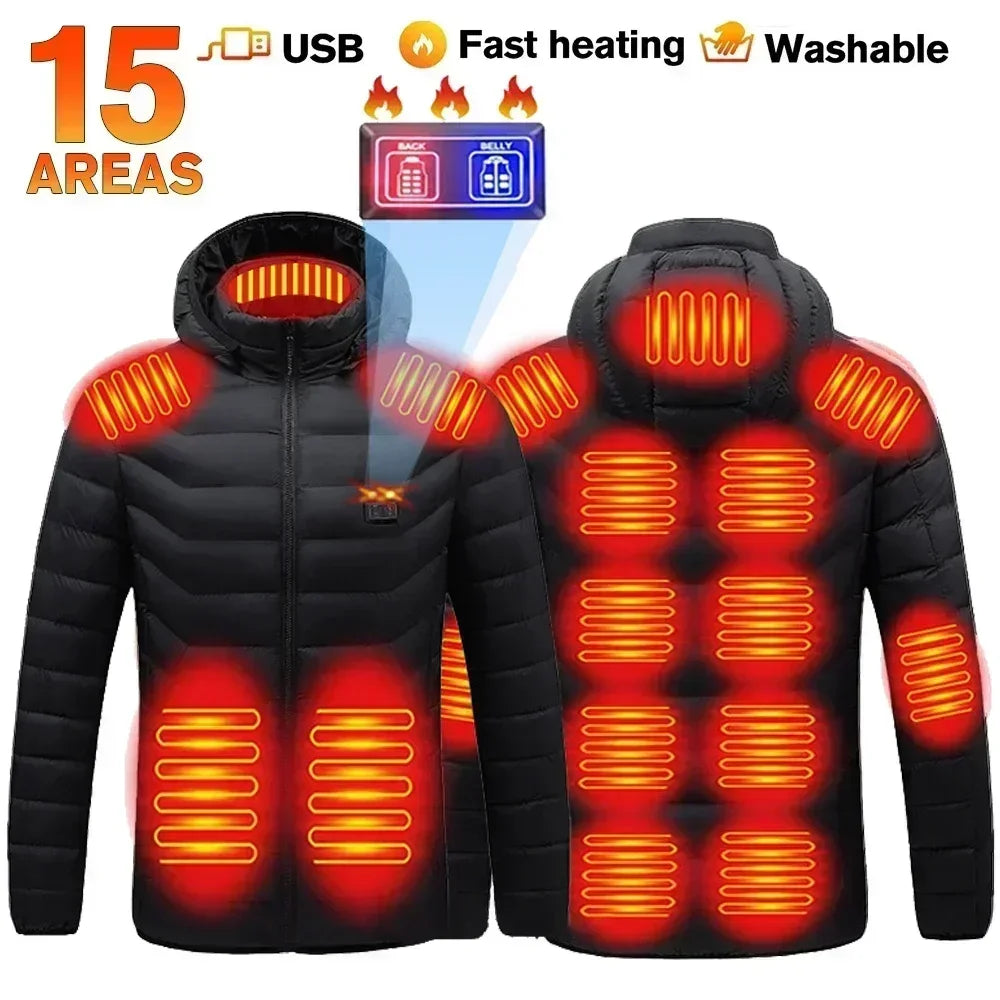 Sort opvarmet jakke med 15 varmezoner, USB-opladning, hurtig opvarmning og vaskbar funktion. Perfekt til vinter og udendørs aktiviteter.