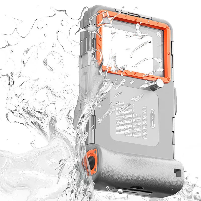 Vandtæt grå og orange beskyttelsesetui til Nintendo Switch, stænksikker design, robust konstruktion, ideel til udendørs gaming og rejser.