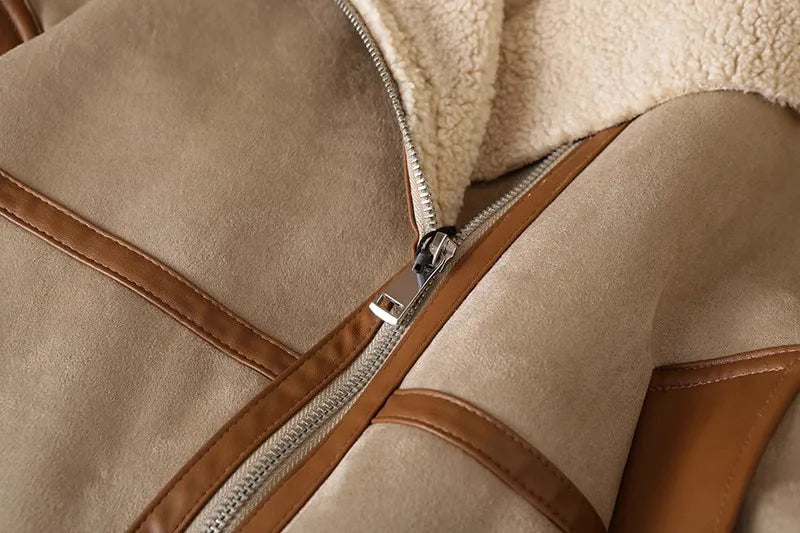 Giacca in pile patchwork da donna - Giacca invernale casual con cerniera