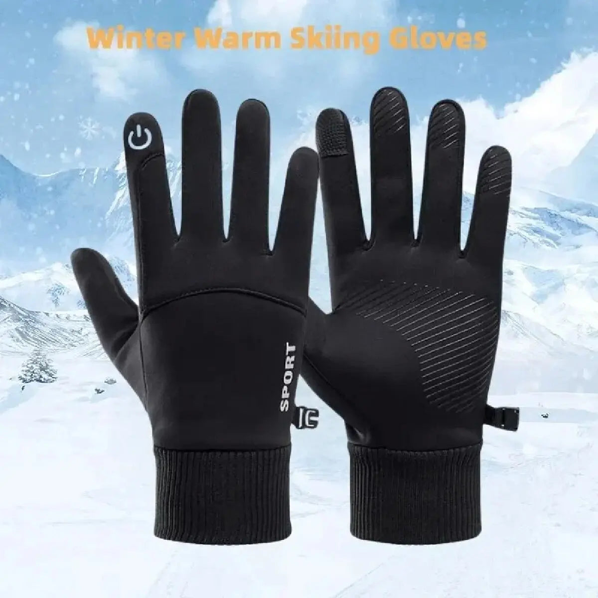 Vinter varme skihandsker i sort med touchscreen-funktion, ideelle til udendørs sport. Perfekte til kolde vejrforhold og sneaktiviteter.