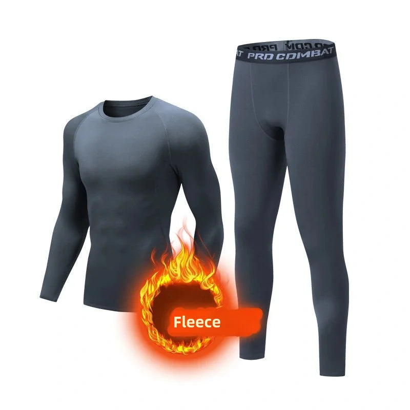 Grå termoundertøjssæt til mænd med fleecefor, langærmet trøje og leggings, ideelt til vintertræning og udendørs aktiviteter.