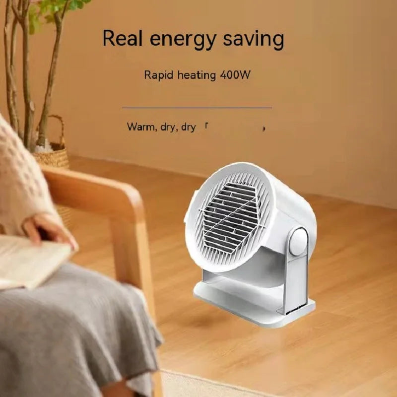Hvid elektrisk varmeblæser på trægulv, 400W hurtig opvarmning, energibesparende, ideel til varme, tørre rum. Perfekt til hjemmekomfort.