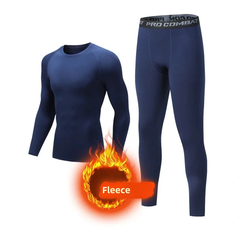 Mørkeblå termoundertøjssæt til mænd med fleecefor, langærmet trøje og leggings. Ideel til vinter, sport og udendørsaktiviteter.