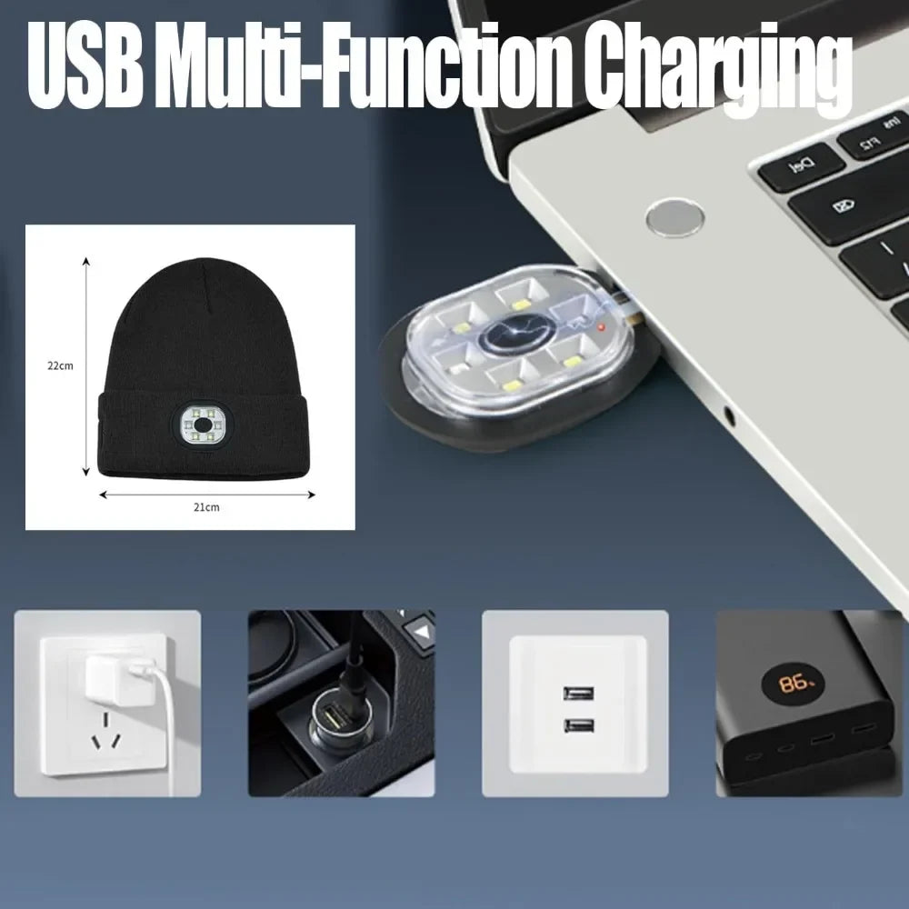 USB-opladelig LED-hue med multifunktionel opladning. Viser opladningsmetoder: stikkontakt, biloplader, USB-port. Praktisk til udendørs brug.