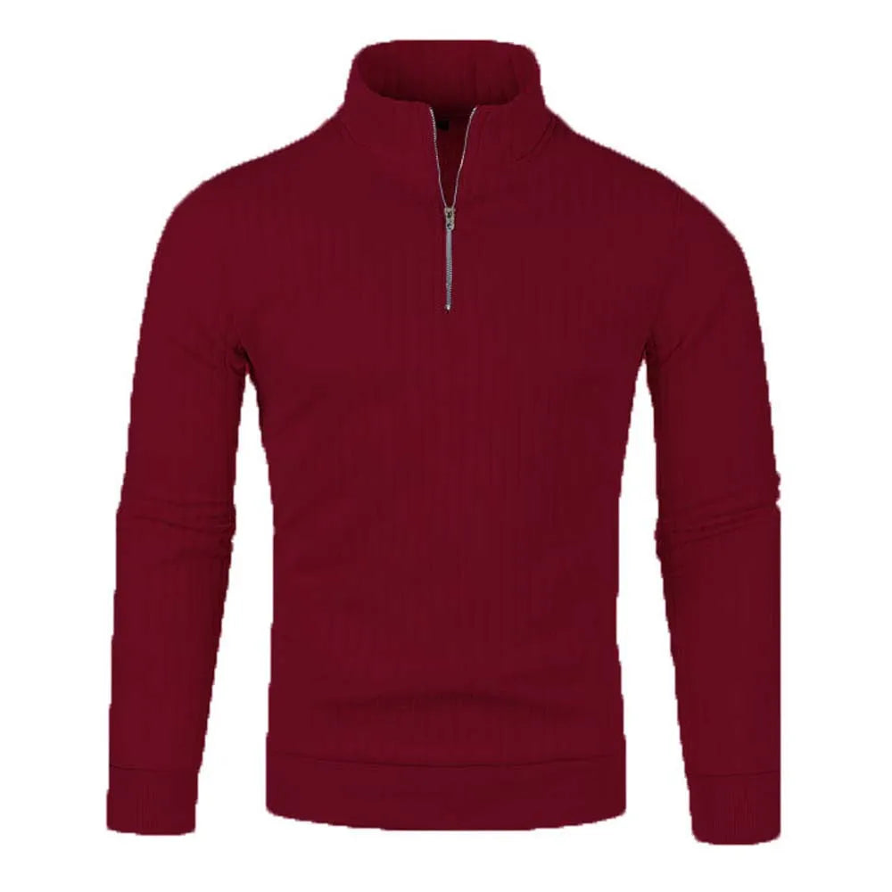 Bordeaux rød herretrøje med lynlås, langærmet og høj krave. Stilfuld og varm sweater til mænd, perfekt til efterår og vinter.