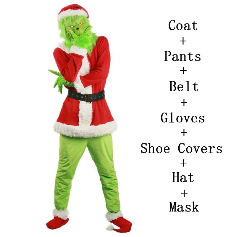 Grinch kostume til voksne, inkluderer rød frakke, grønne bukser, bælte, handsker, skodæksler, hat og maske. Perfekt til julefester og udklædning.