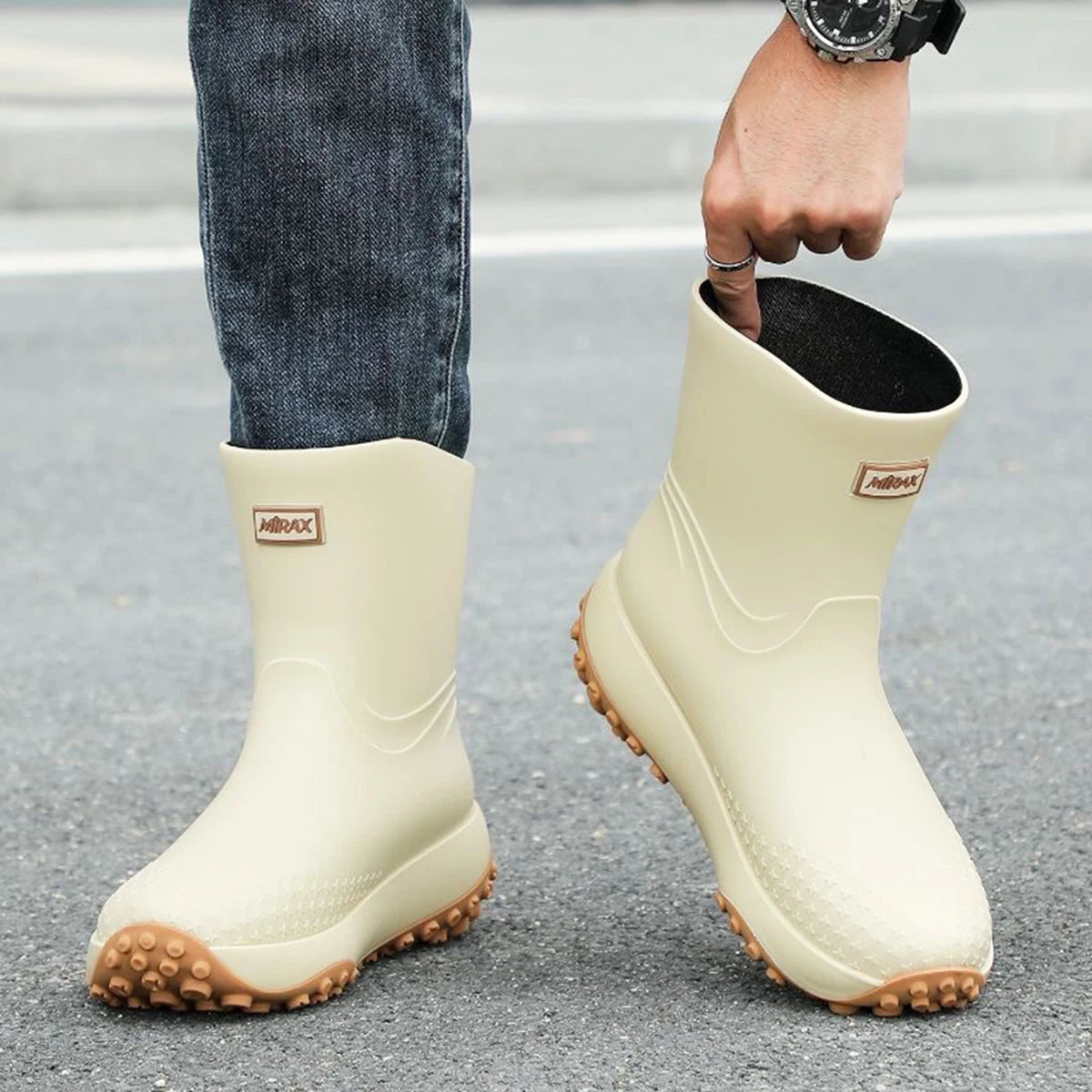 Bottes de pluie imperméables beiges pour hommes