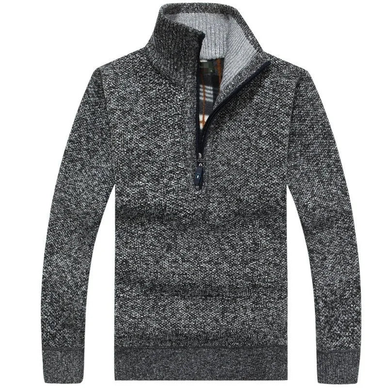 Grå striktrøje med høj hals og lynlås, herretrøje i varm uldblanding, stilfuldt design til vintermode, perfekt til casual og formelle lejligheder.