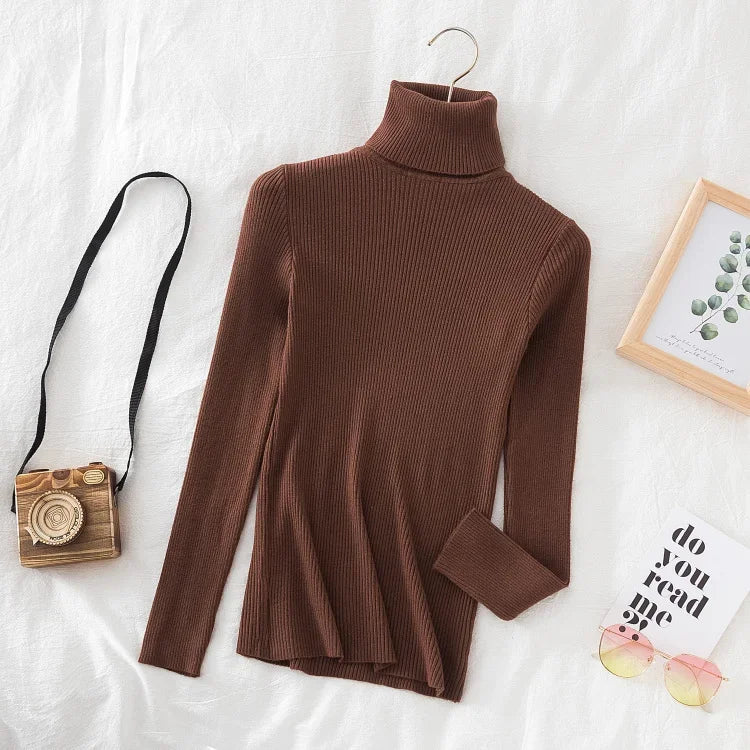 Brun rullekrave sweater i ribstrik på hvid baggrund, ved siden af retro kamera, solbriller og indrammet plantebillede. Mode, efterårstøj, stil.