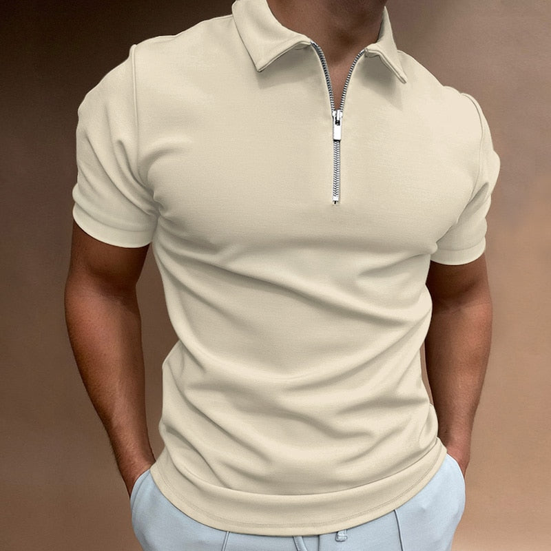 Patterned polo shirt for men with a zip collar