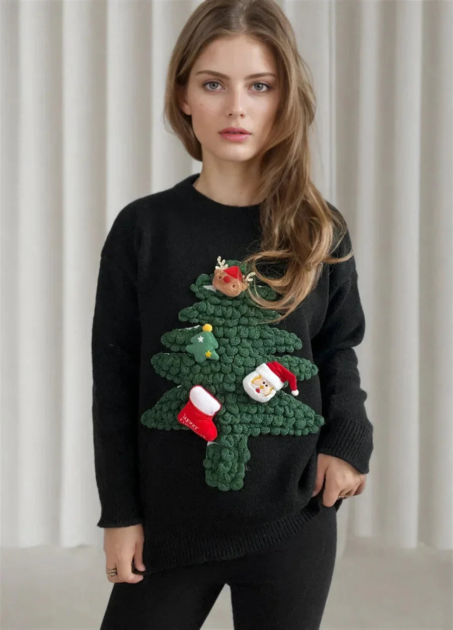 Maglione natalizio da donna con effetto 3D | Maglione in maglia con albero di Natale in rilievo | Maglia casual girocollo – perfetta per le feste di Natale