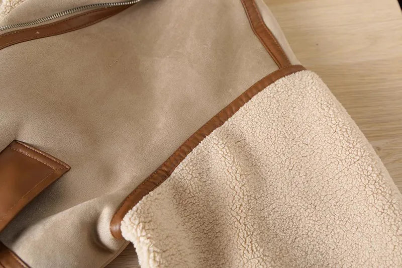Giacca in pile patchwork da donna - Giacca invernale casual con cerniera